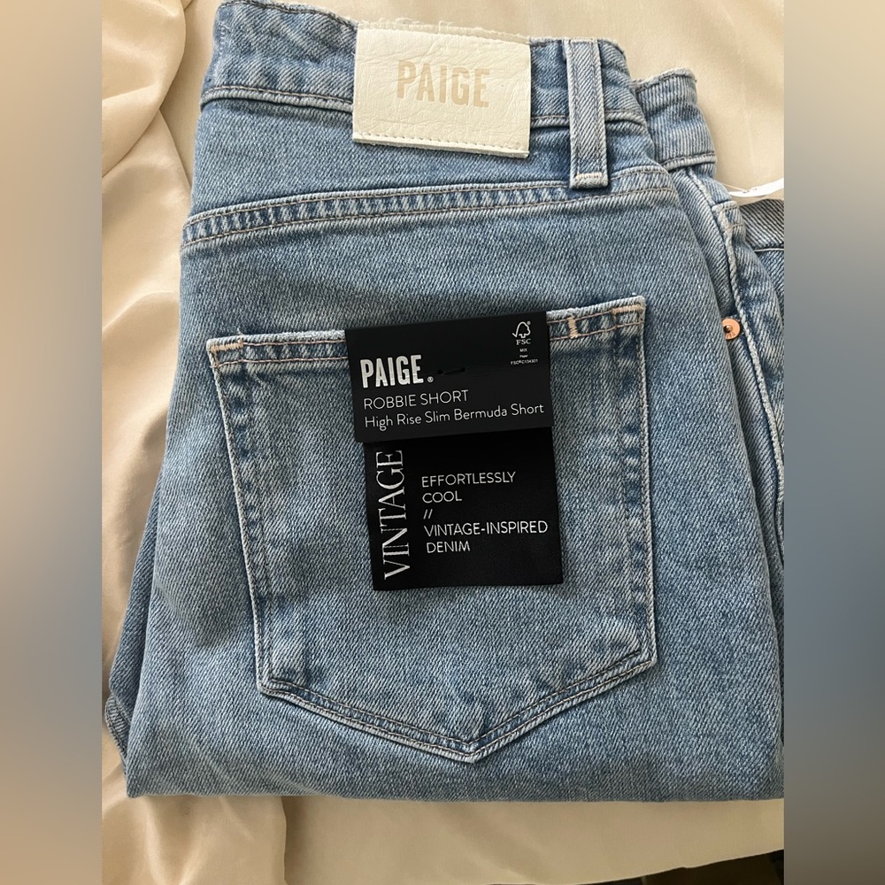 PAIGE Vintage-Inspired High Rise Light Blue Bermuda Shorts